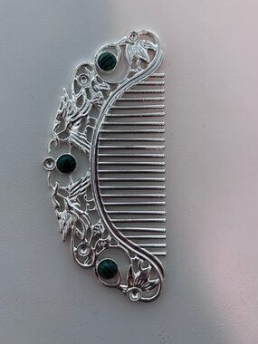 Asian Decorative Silver Malachite Stone Hair Comb